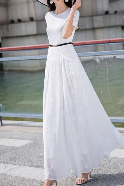 White Polyester Maxi Dress - Fitted Waist with Pockets 5034