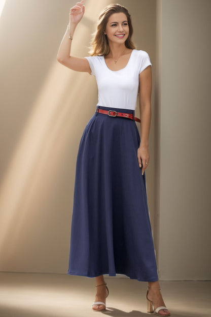 Navy Blue Linen Blend Maxi Skirt - High Waist A-Line with Pockets 5131