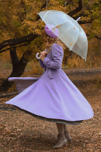 Lilac Wool Coat - Double Breasted, Mid-Calf Elegant Outerwear 3125