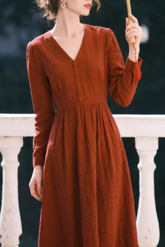 V-Neck Linen Midi Dress – Elegant Rust Red Summer Style | Xiaolizi 6642