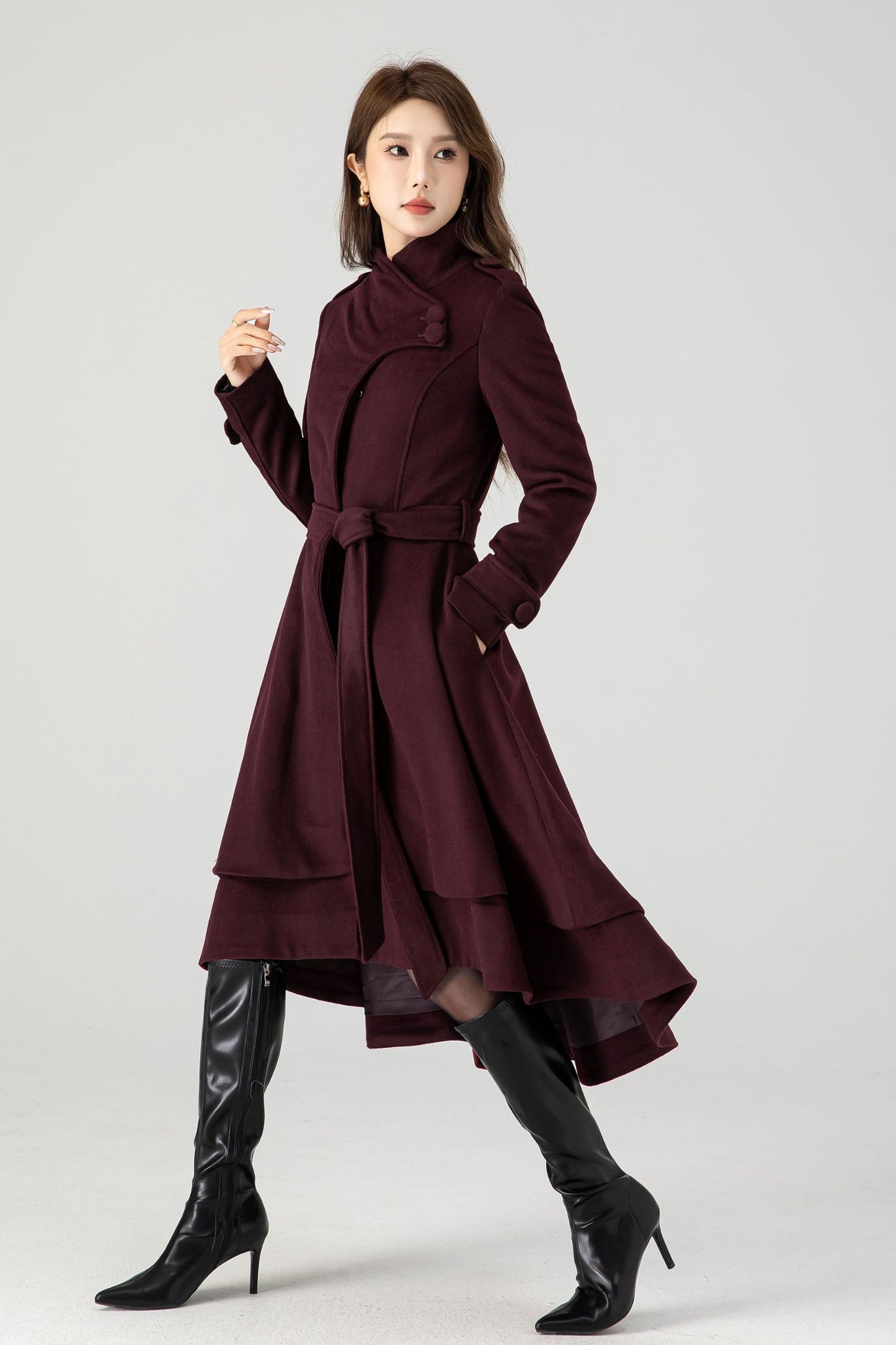 Burgundy Midi Asymmetrical Winter Wool coat 4603