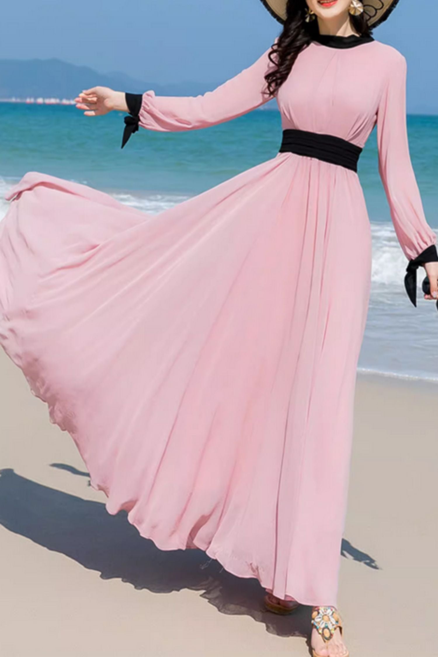 Pink Chiffon Maxi Dress - Fit Waist, Swing Silhouette 5166