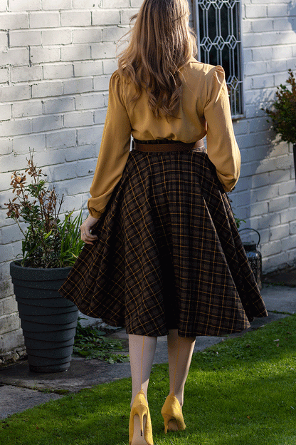 Black and Brown Wool Midi Circle Skirt - Plaid High Waist 4729