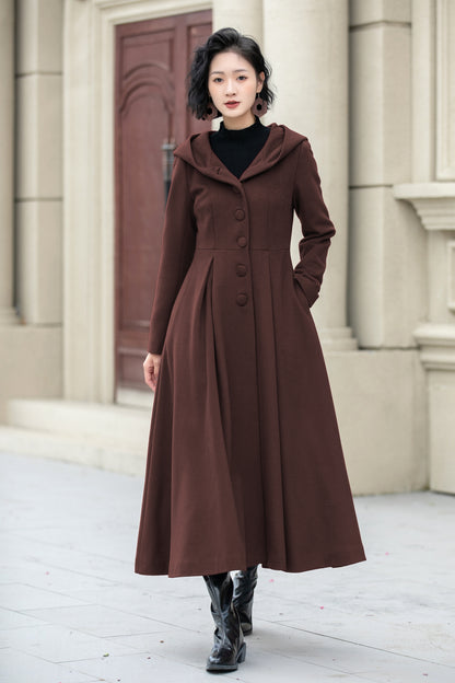 Brown Wool Swing Coat with Hood - Elegant Midi Length 6307
