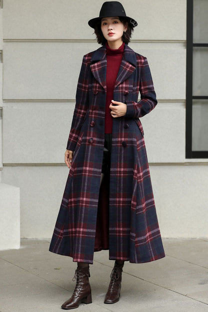 Plaid Wool Swing Coat – Vintage 1950s Double Breasted Long Overcoat 6536