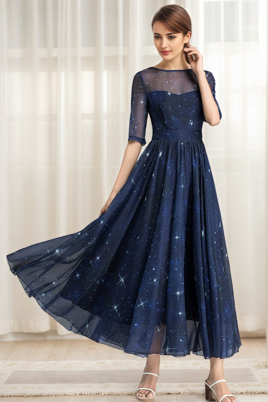 Starry Sky Chiffon Midi Dress – Navy Blue Illusion Neck Swing Dress 6629