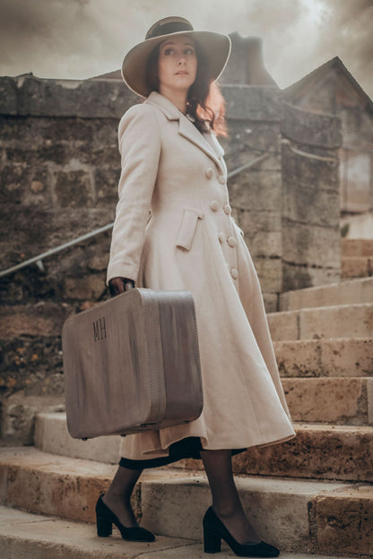 Cream White Wool Blend Coat - Double-Breasted A-Line Overcoat 3183