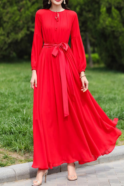 Red Chiffon Maxi Dress - Fitted Waist with 3/4 Sleeves 5003
