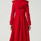 long red wool dress coat with ruffle details 2052