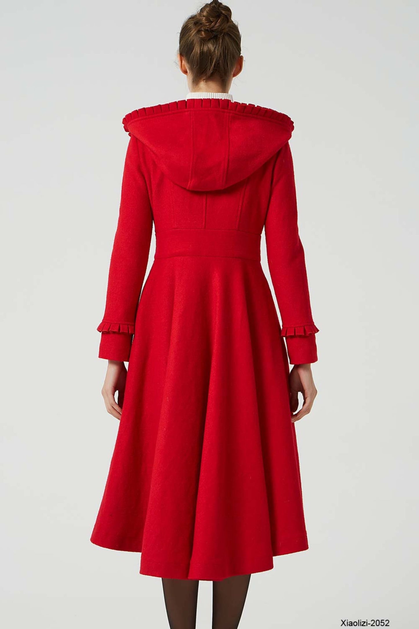 long red wool dress coat with ruffle details 2052