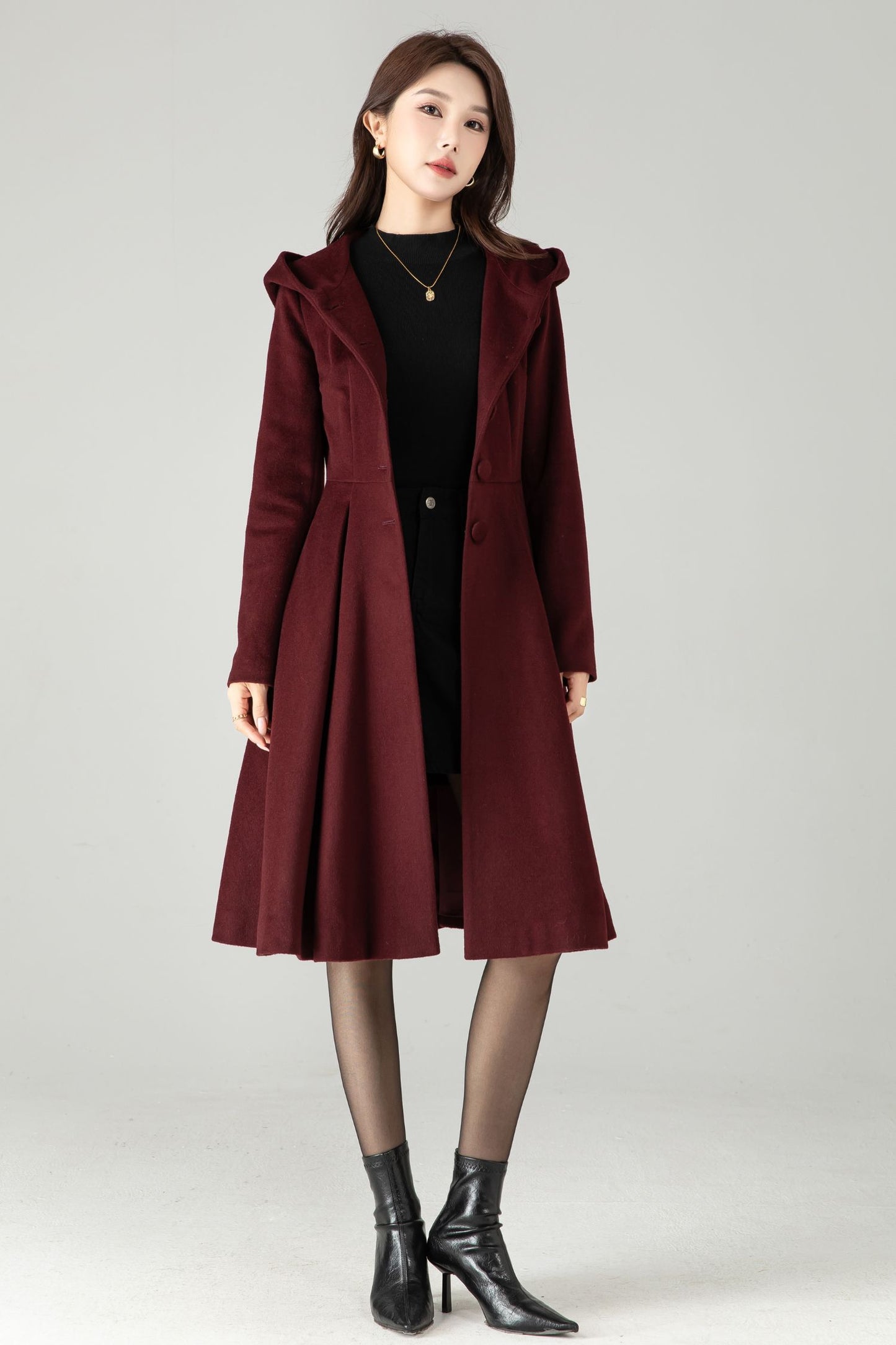 Hooded Burgundy Wool Coat – Vintage Fit & Flare Short Winter Coat | Xiaolizi 6572