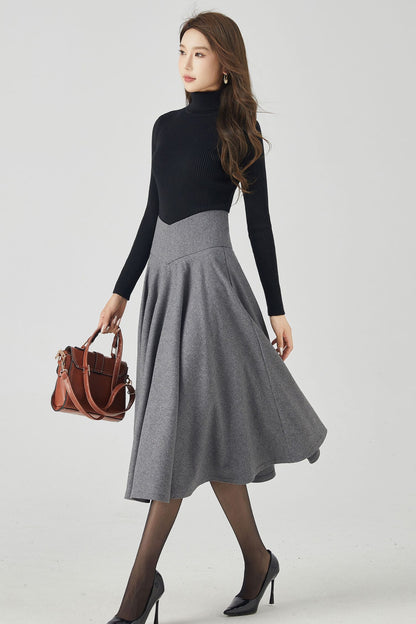 Handmade Deep Gray Wool Midi Skirt – Vintage V-Waist Circle Skirt for Winter Elegance 4534