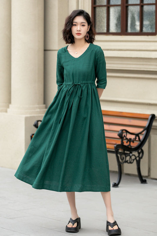 Green midi linen dress with drawstring waist 4969