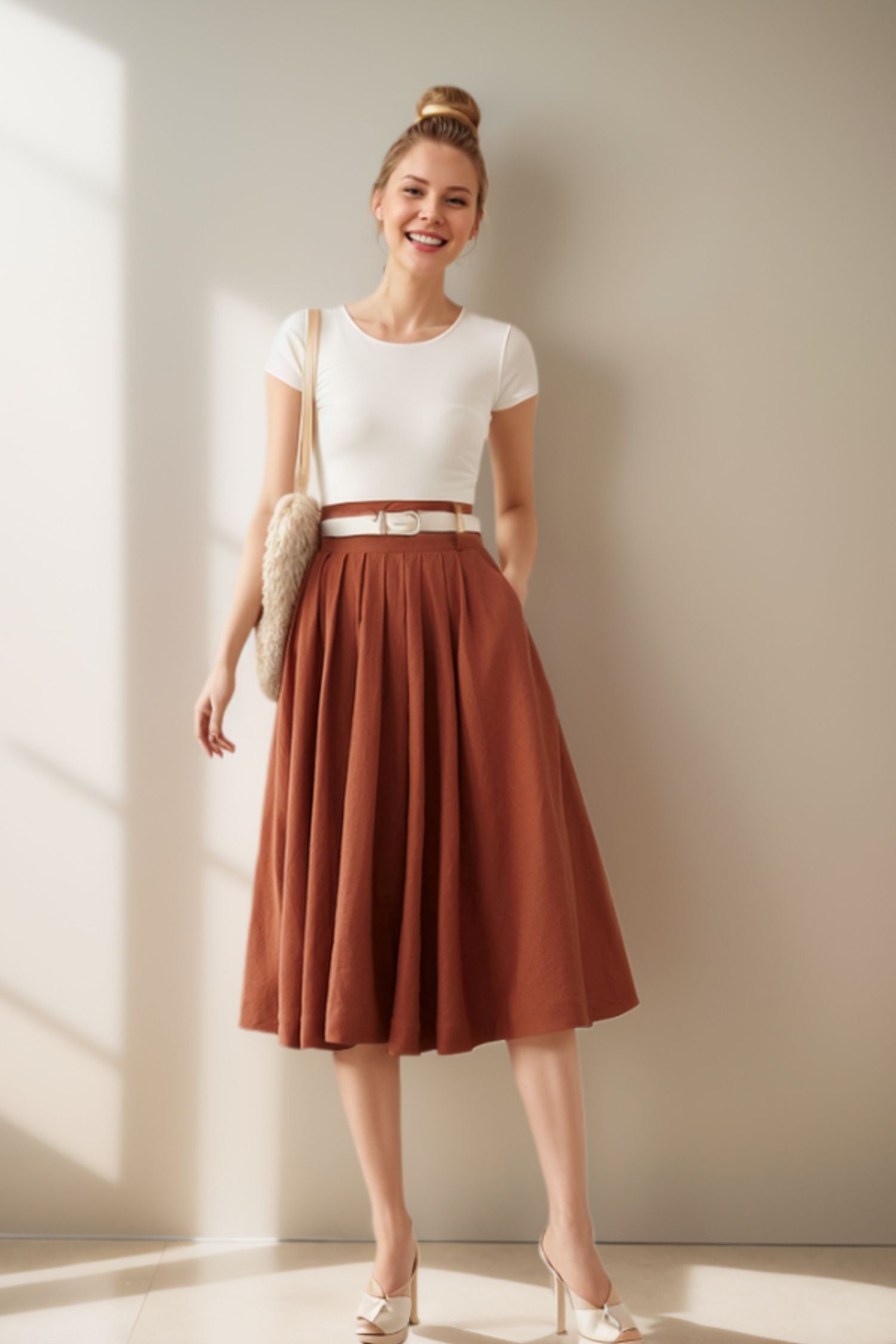 Linen Skirt / Pleated Circle Skirt in Beige / deals Available in 50 Colors