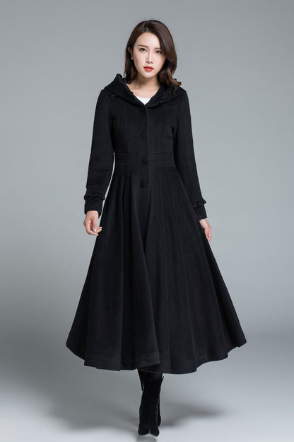 Black Wool Coat Maxi Dress - Hooded Fit and Flare Winter Overcoat 1649