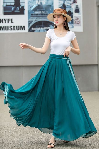Blue Long Chiffon Maxi Skirt Women 4270