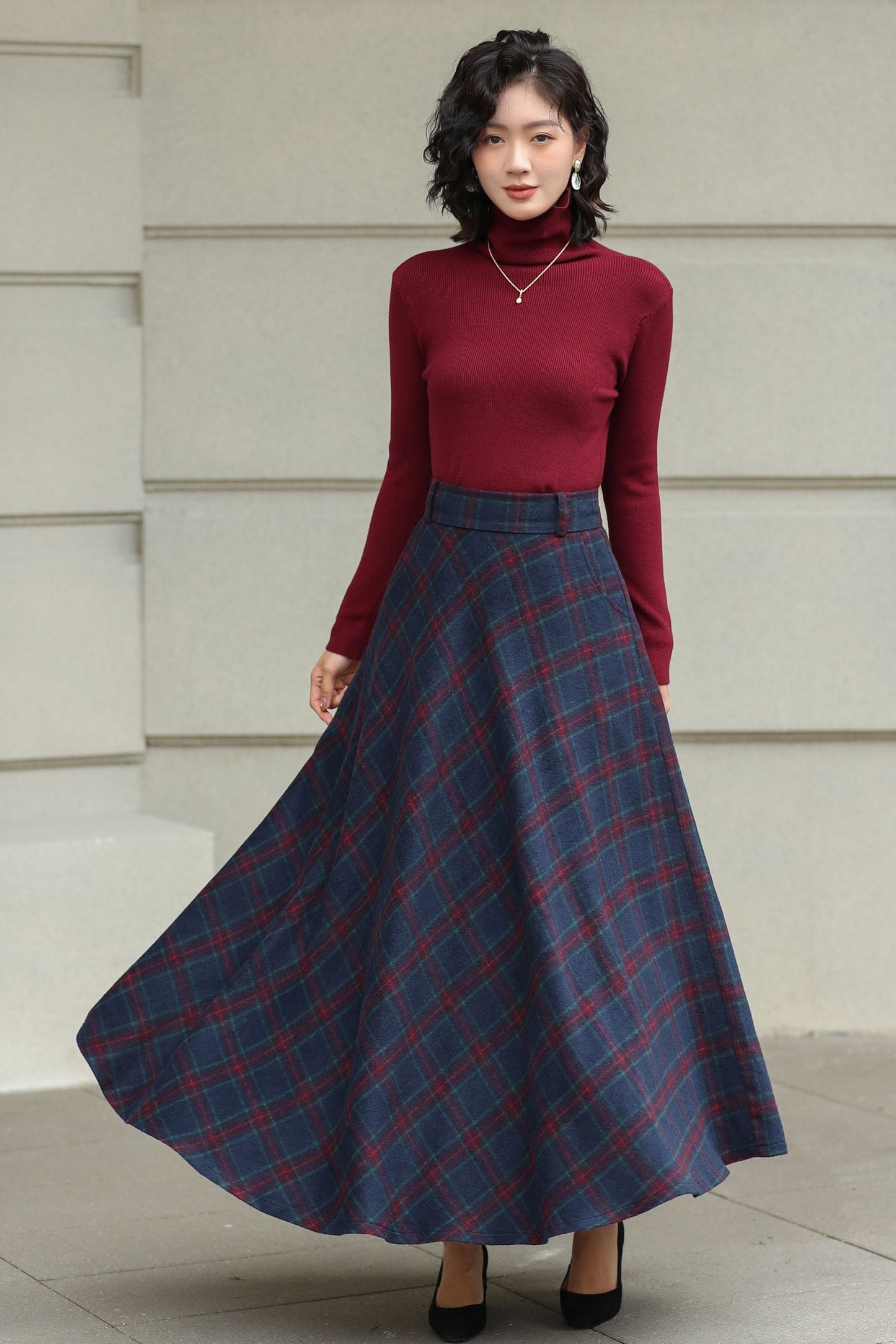 Handmade Charcoal Grey Plaid Wool Maxi Skirt – High Waist Winter Elegance | Xiaolizi 6426