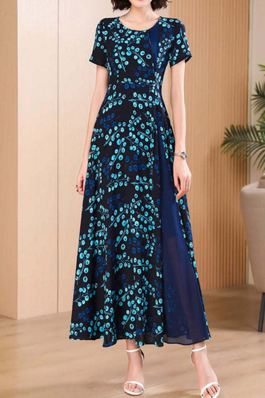 Blue flower printed maxi prom chiffon dress 5056