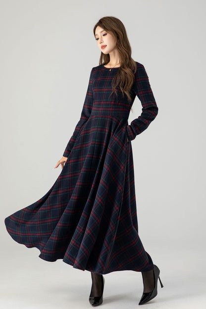 Handmade Navy Red Plaid Wool Maxi Dress – Long Sleeve Fit and Flare | Xiaolizi 5266