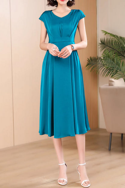 Teal Polyester Midi Fit and Flare Dress - V-Neck, Cape Sleeves 5054