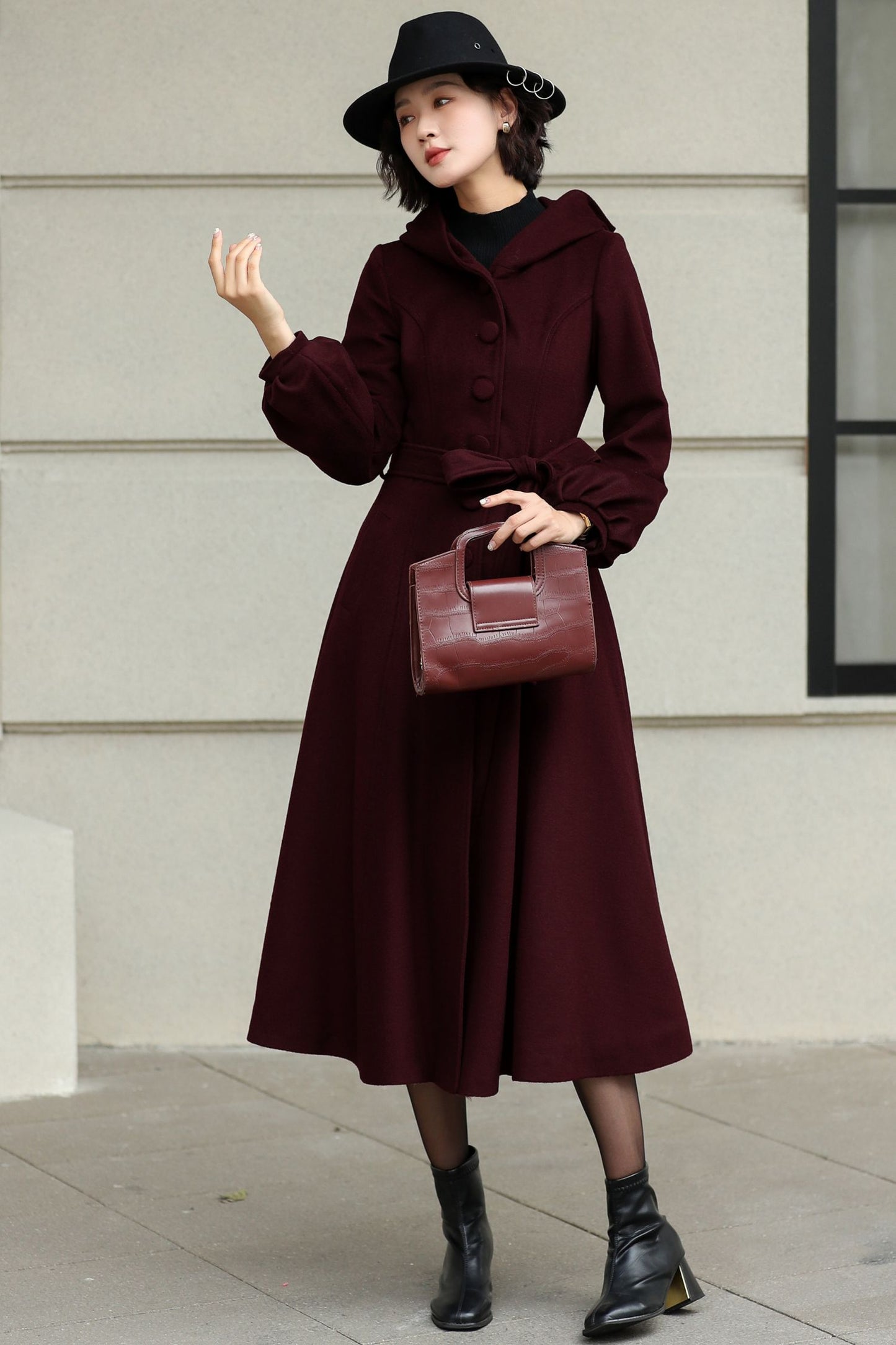 Handmade Wool Blend Coat – Lantern Sleeve Hooded Winter Coat 6532
