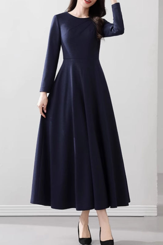 Navy blue swing long wool dress 5535