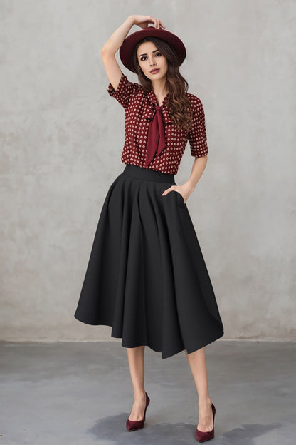 Black Linen Midi Skirt - High Waist A-Line | Xiaolizi 6753