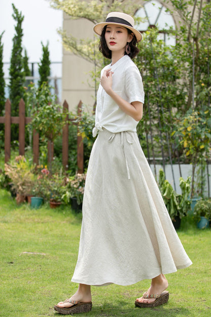 Beige Swing Linen Midi Wrap Skirt 5201
