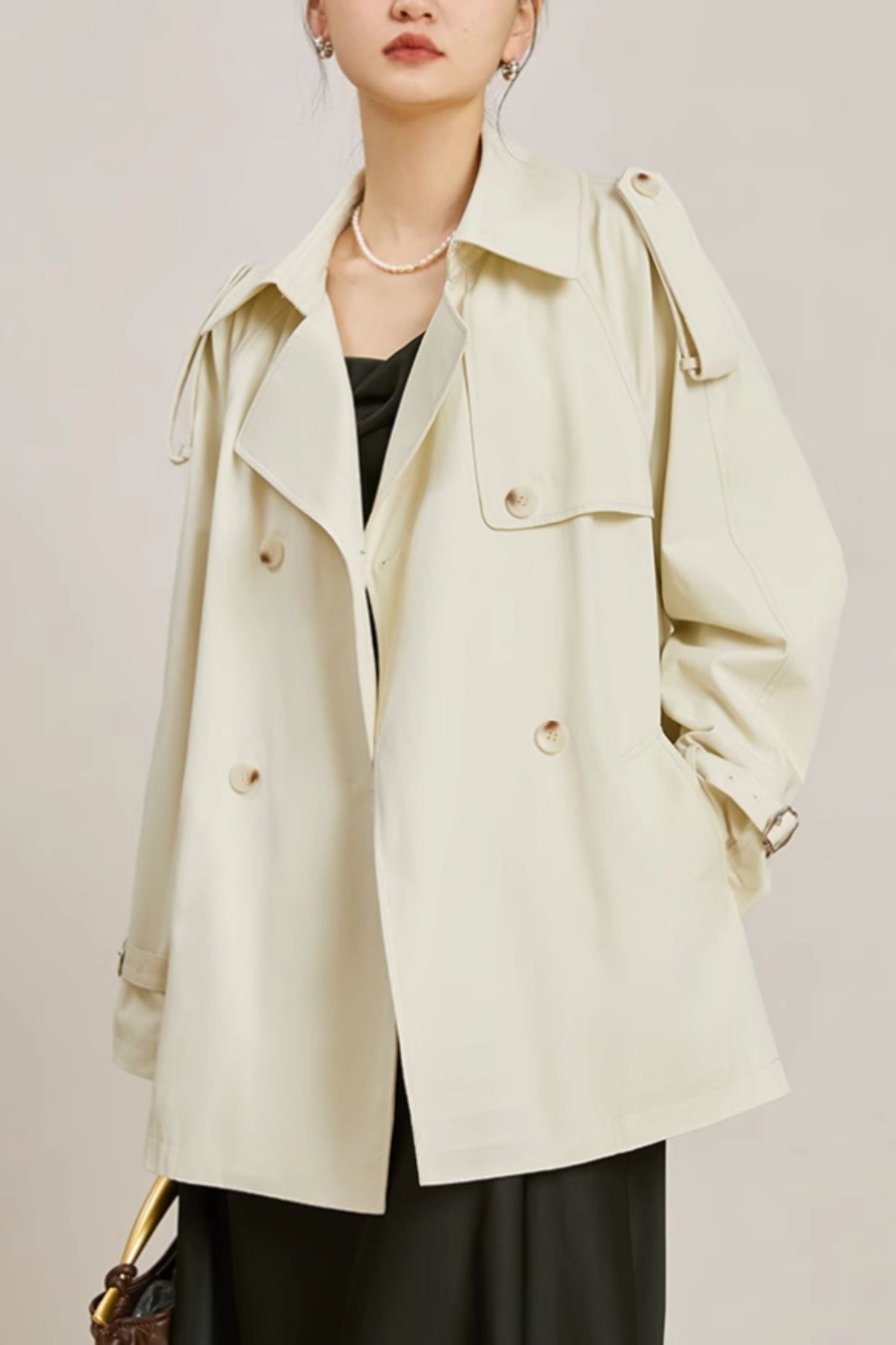 Beige military short trench coat 5374