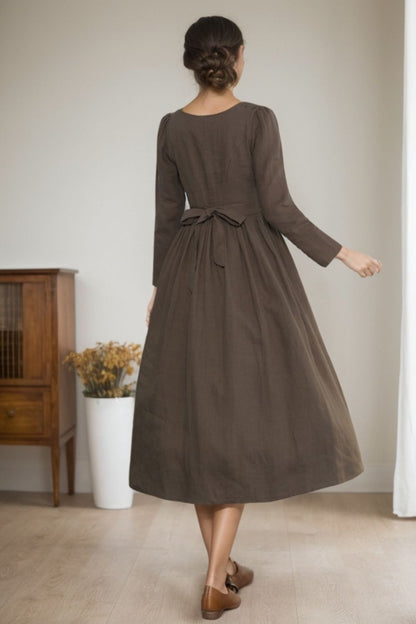 Brown Linen Midi Dress - A-Line Silhouette with Long Sleeves 5515
