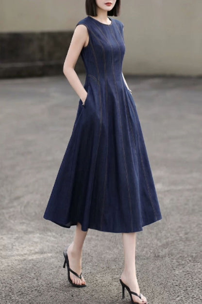 Elegant Sleeveless Denim Midi Dress for Everyday Wear | Xiaolizi 6824