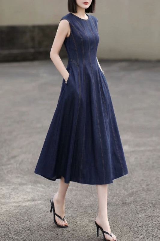 Elegant Sleeveless Denim Midi Dress for Everyday Wear | Xiaolizi 6824