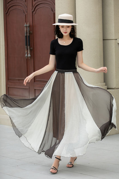 Black and Beige Chiffon Maxi Skirt - Bohemian A-Line Swing 5106