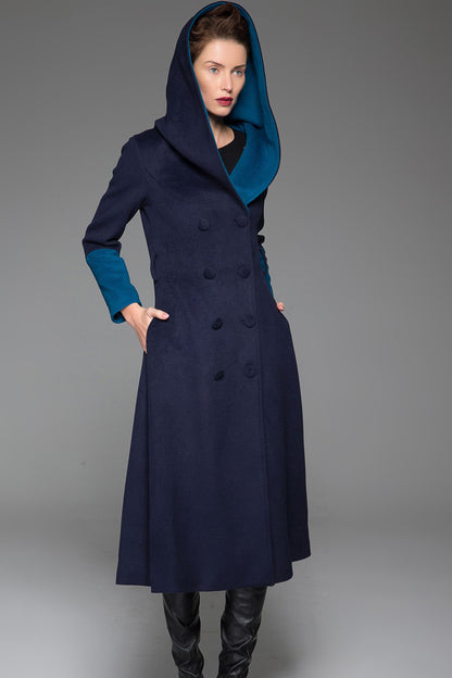 Navy Wool Coat with Teal Accents - Oversized Hood and Flared Silhouette 1416