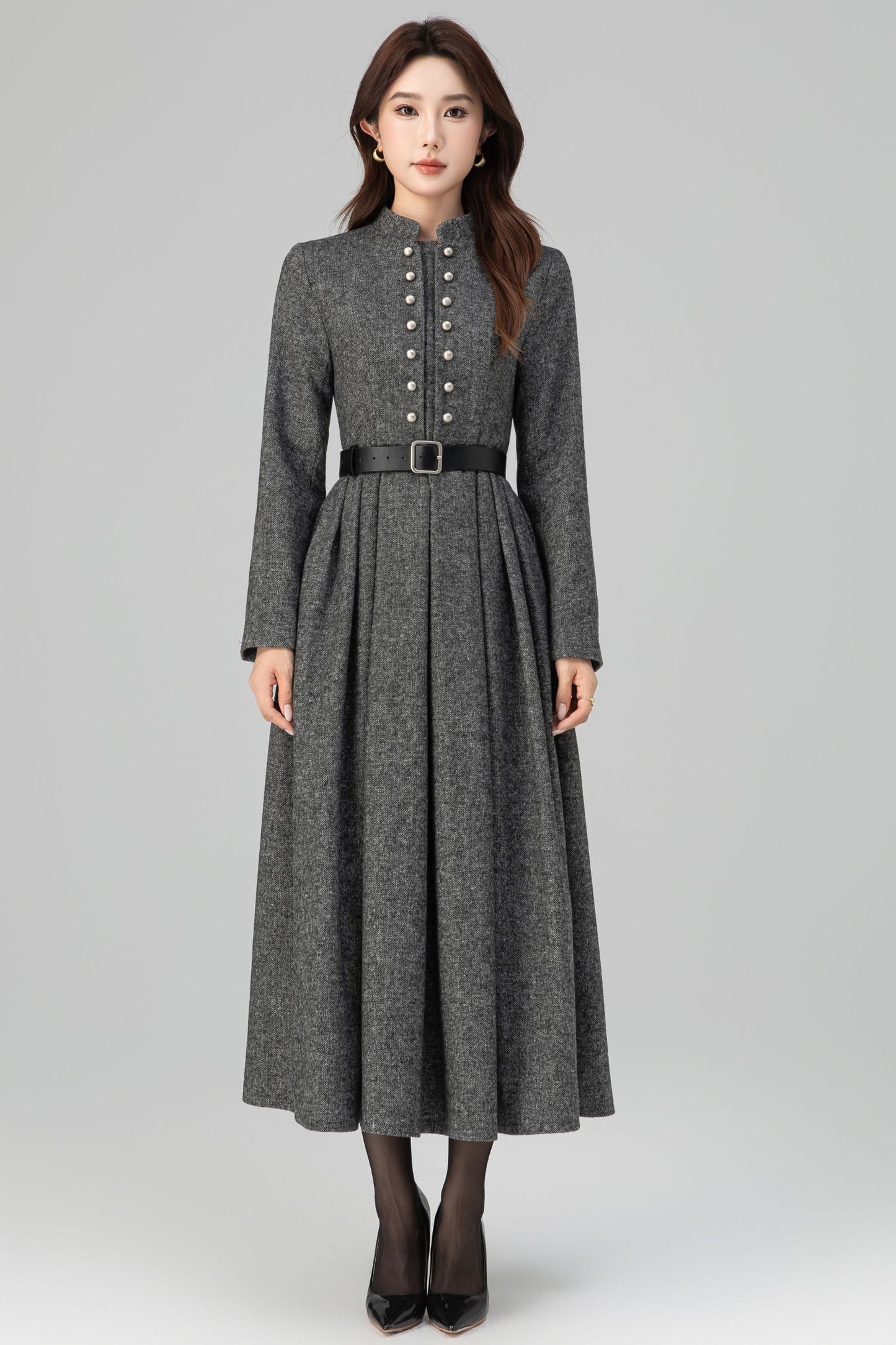 Long Sleeve Pleated Swing Wool Dress 6389