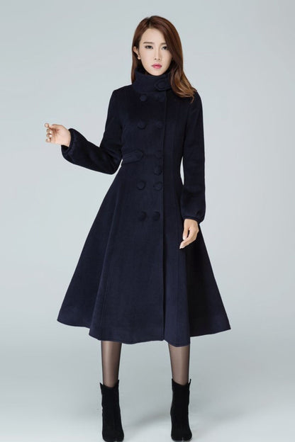 Navy Wool Fit and Flare Long Coat - Double Breasted Elegant Silhouette 1600