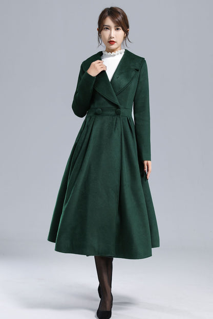 Vintage Princess Wool Coat – Handmade Dark Green Pleated Long Overcoat | Xiaolizi 3242