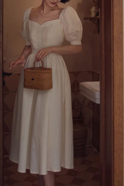 Yellow Linen Midi Dress - Puff Sleeve, Fitted Waist 4840