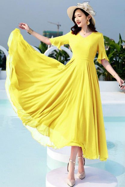 Chiffon Maxi Swing Dress - V-Neck Ruffle Sleeve Prom | Xiaolizi TT0039
