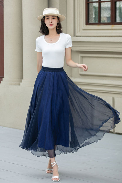 Blue Chiffon Midi Skirt - A-Line Swing with Elastic Waistband 5109