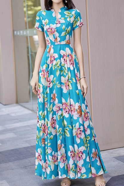 Blue Floral Chiffon Maxi Dress - Bohemian V-Neck Flowy Silhouette 5022