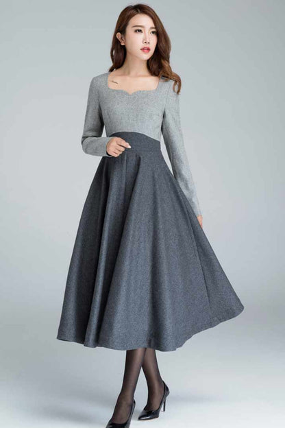 Gray Wool Midi Dress - A-Line Square Neck | Xiaolizi 1615