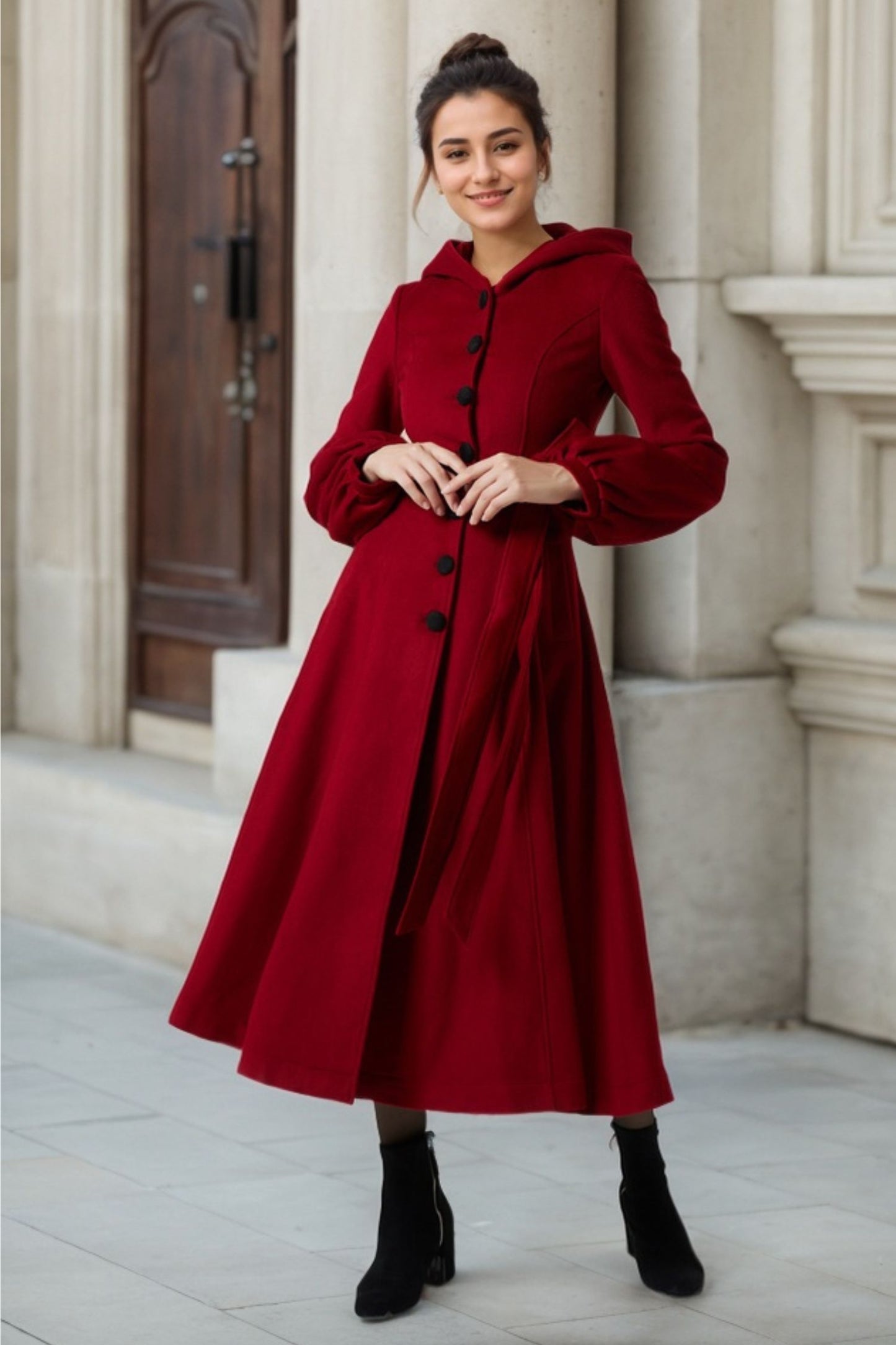 Burgundy Wool Coat Maxi Dress with Hood and Lantern Sleeves – Xiaolizi
