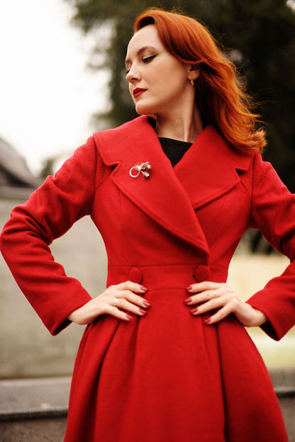Elegant Red Wool Blend Coat – Handmade Fit & Flare Long Winter Coat | Xiaolizi 3189