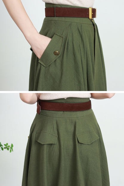 Army Green Linen Blend Midi Skirt - High-Waisted A-Line Swing 5729