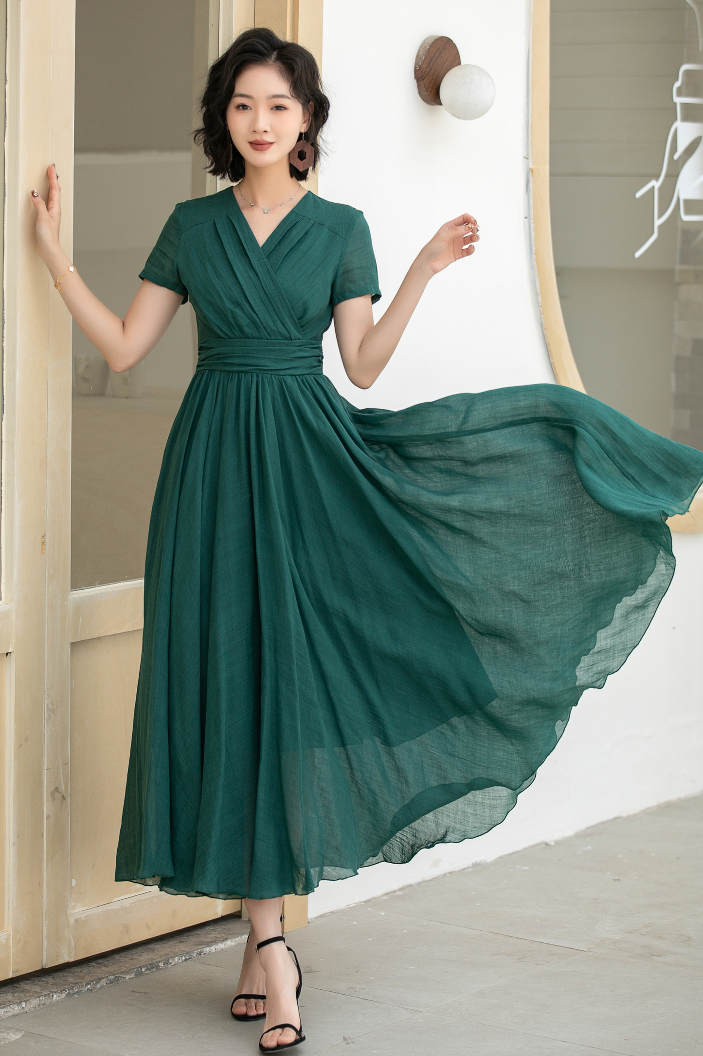 Green Maxi Pleated linen dress 5832