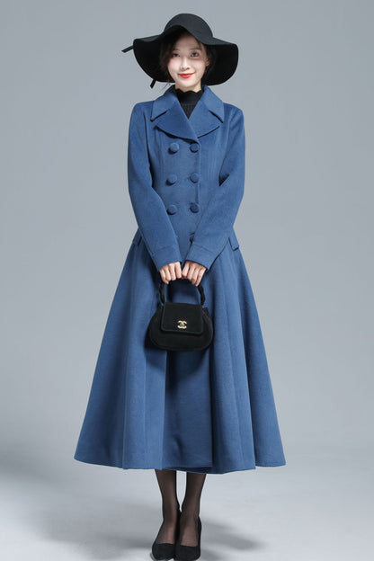 Blue Wool Maxi Coat - Vintage Inspired Fit & Flare Silhouette 3127