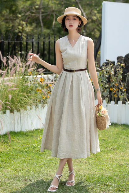Beige Linen Midi Dress - Sleeveless V-Neck | Xiaolizi 6746 - Size XS #CK2600255