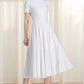 Little White Linen Swing Dress – Boat Neck Fit and Flare Midi 6627