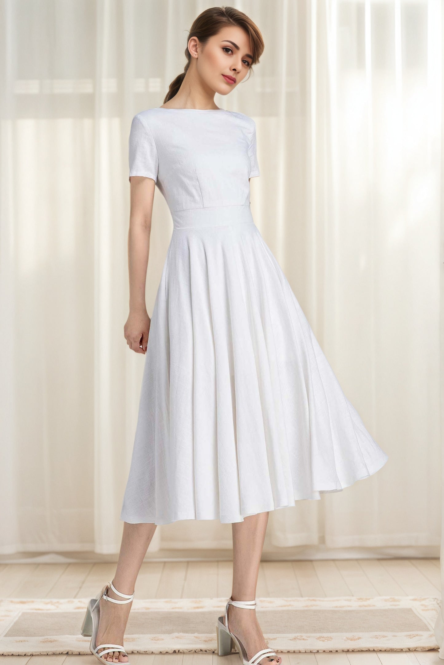Little White Linen Swing Dress – Boat Neck Fit and Flare Midi 6627